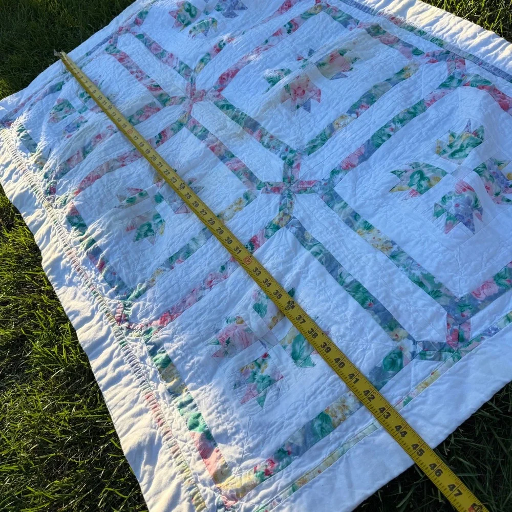 Vintage Handmade Patchwork Baby Quilt Floral Pastel White Crib Blanket 47x32